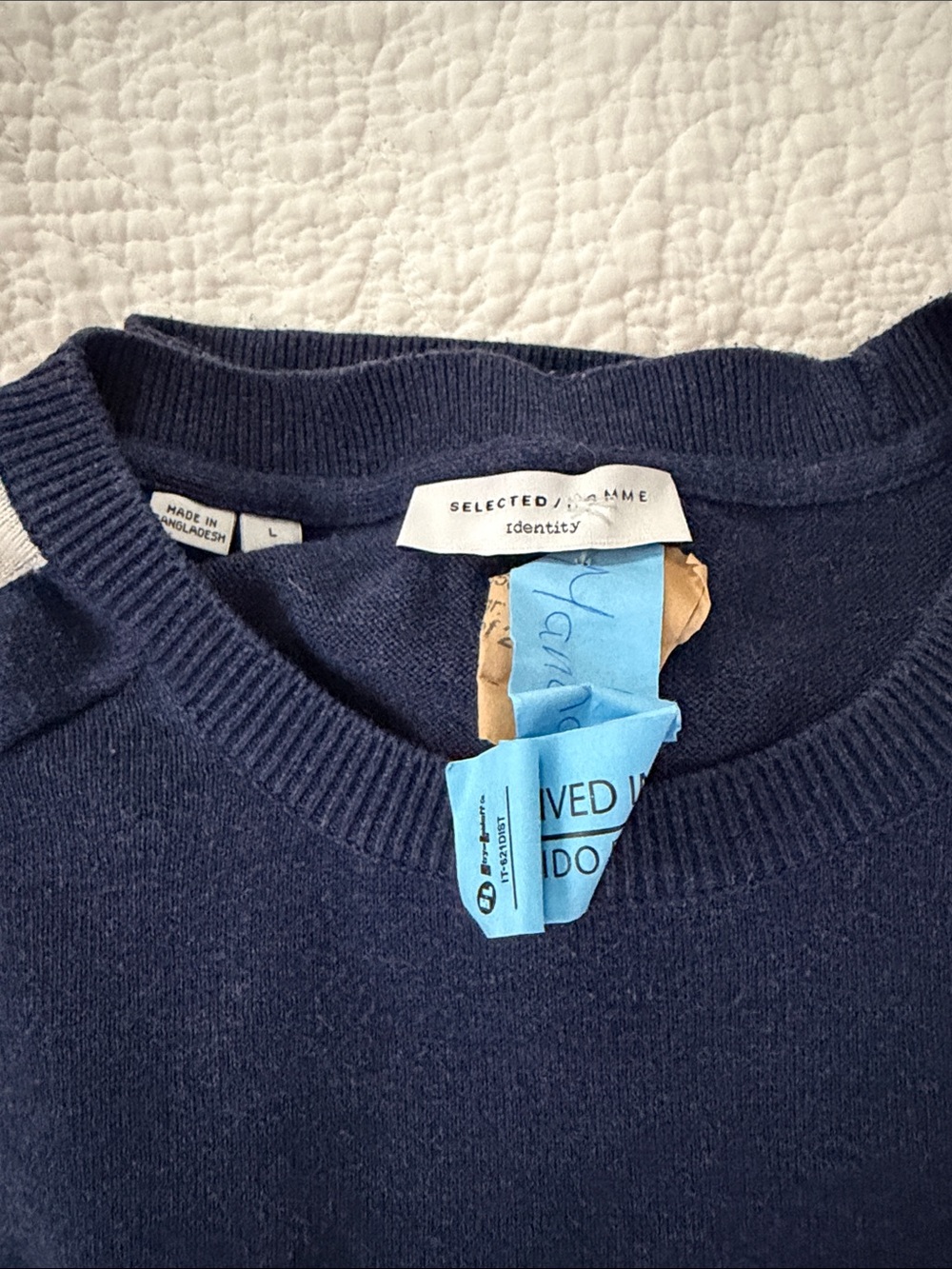 Men's selected  Navy Crewneck Sweater with Ivory Shoulder Stripes